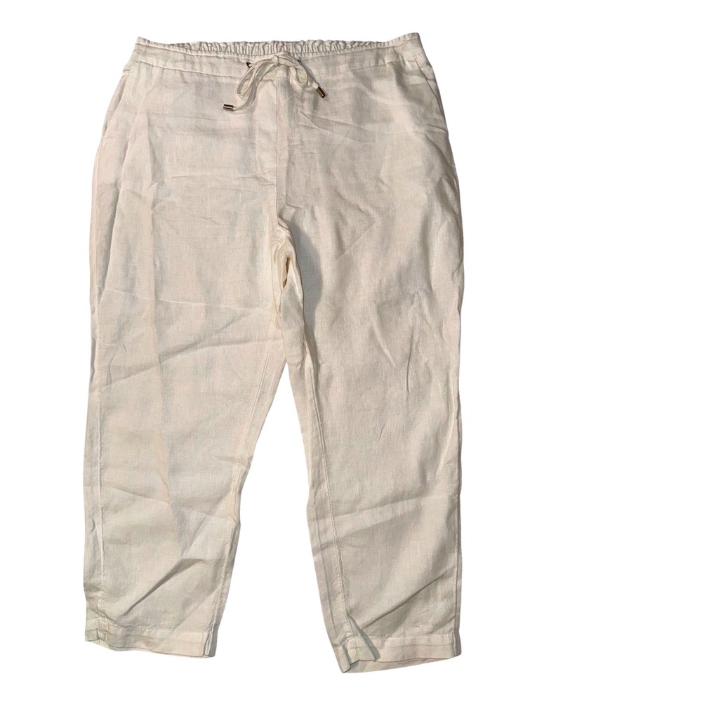 CHICOS‎ 100% Linen Cropped Pants Women White Drawstring  Waist Chico 2.5R US 14